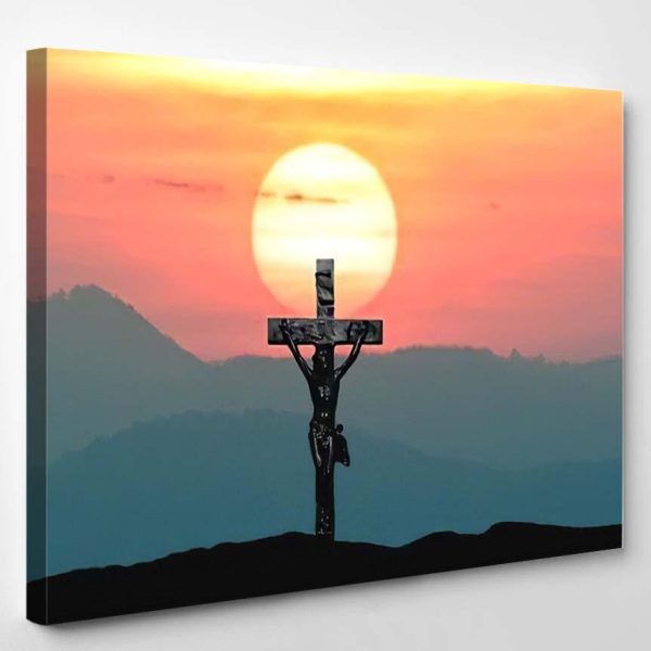 Silhouette Jesus Cross Over Sunset On 1 Jesus Christian Premium Multi Canvas Prints, Multi Piece Panel Canvas Luxury Gallery Wall Fine Art Print