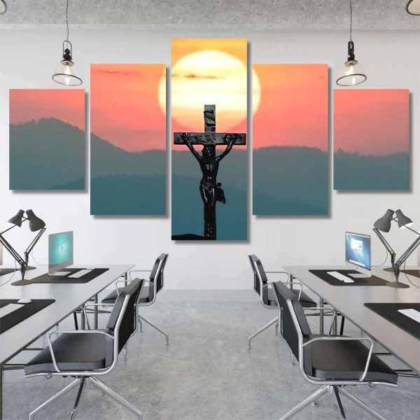 Silhouette Jesus Cross Over Sunset On 1 Jesus Christian Premium Multi Canvas Prints, Multi Piece Panel Canvas Luxury Gallery Wall Fine Art Print - Image 7