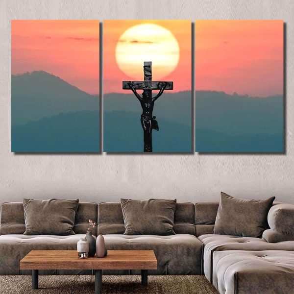 Silhouette Jesus Cross Over Sunset On 1 Jesus Christian Premium Multi Canvas Prints, Multi Piece Panel Canvas Luxury Gallery Wall Fine Art Print - Image 5