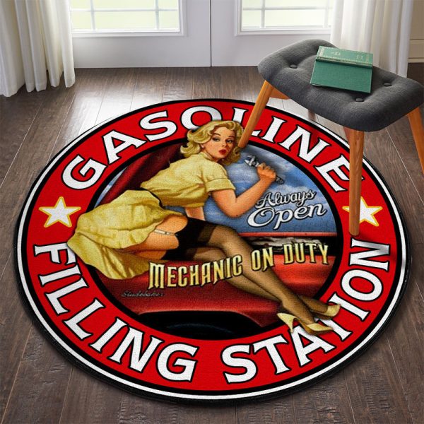 Gasoline Filling Station Pin Up Hot Rod Round Mat Round Floor Mat Room Rugs Carpet Outdoor Rug Washable Rugs