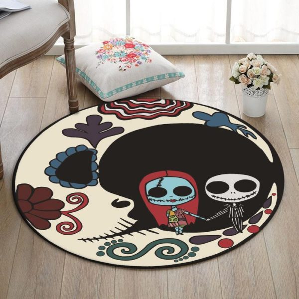 Skull Round Mat Skull Sunflower Jack Sally Round Floor Mat Room Rugs Carpet Outdoor Rug Washable Rugs - Image 2