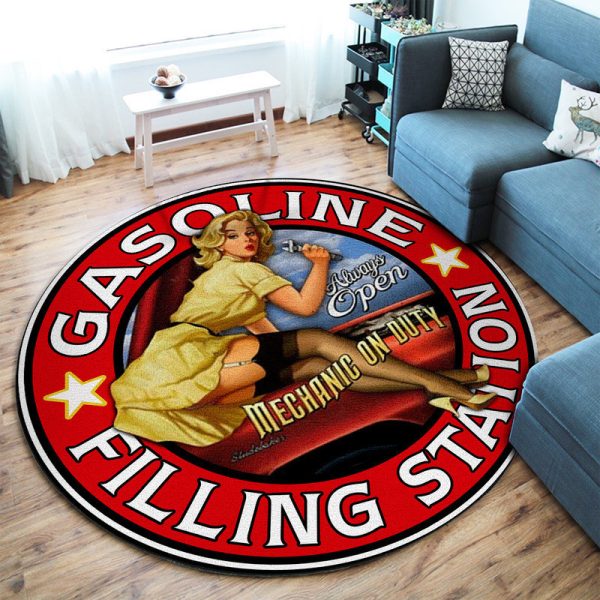 Gasoline Filling Station Pin Up Hot Rod Round Mat Round Floor Mat Room Rugs Carpet Outdoor Rug Washable Rugs - Image 2