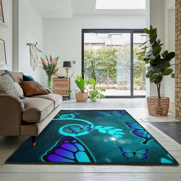 Ombre Color Blue Purple Ombre Butterfly Rug Rectangle Rugs Washable Area Rug Non-Slip Carpet For Living Room Bedroom