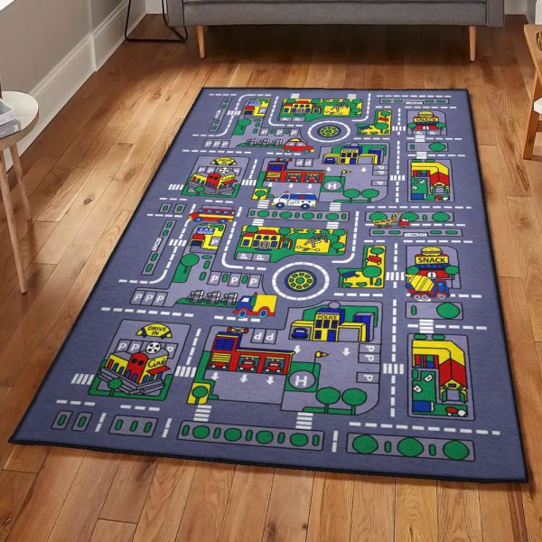 Car Playroom Rug Car Track Play Rug Rectangle Rugs Washable Area Rug Non-Slip Carpet For Living Room Bedroom