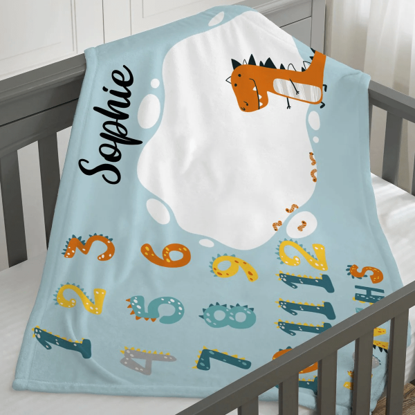 Personalized Baby Blankets , Dinosaur baby blanket Blue color for boy - Image 4