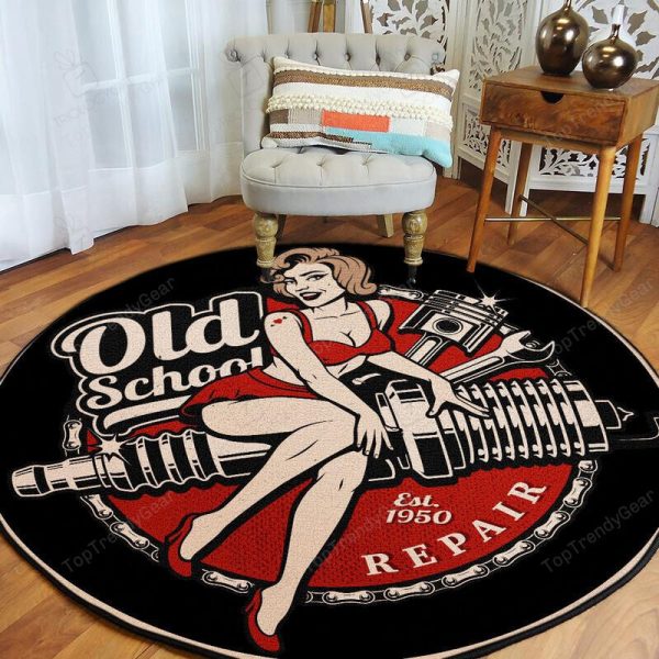 Old School Garage Round Mat Round Floor Mat Room Rugs Carpet Outdoor Rug Washable Rugs - Image 2