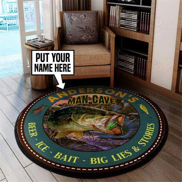 Personalized Fishing Man Cave Beer Ice Bait Big Lies Ans Stories Round Mat Round Floor Mat Room Rugs Carpet Outdoor Rug Washable Rugs